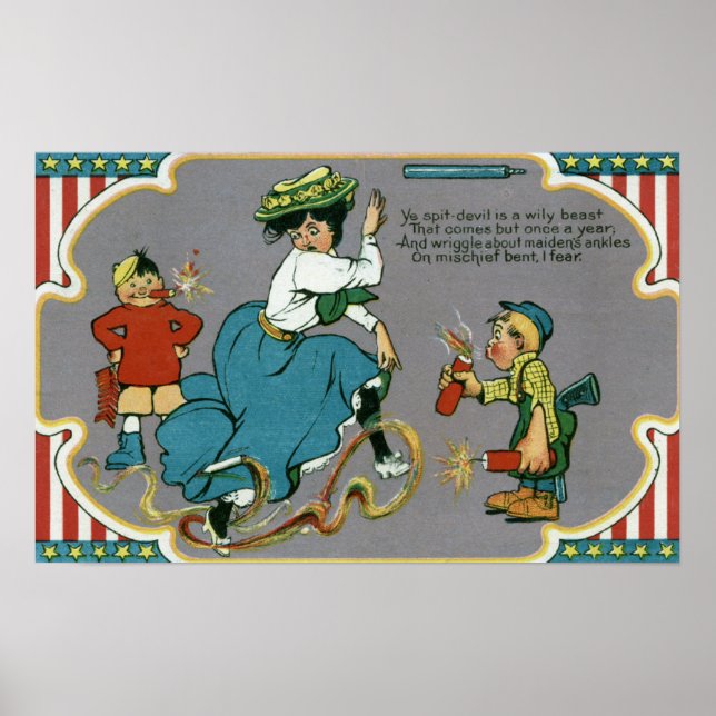 Kids Tormenting Woman med Fireworks Poster (Framsidan)