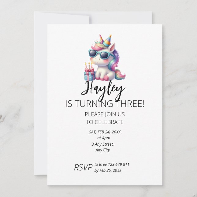 Kid's Unicorn 3:e födelsedagsinbjudan Inbjudningar (Framsida)