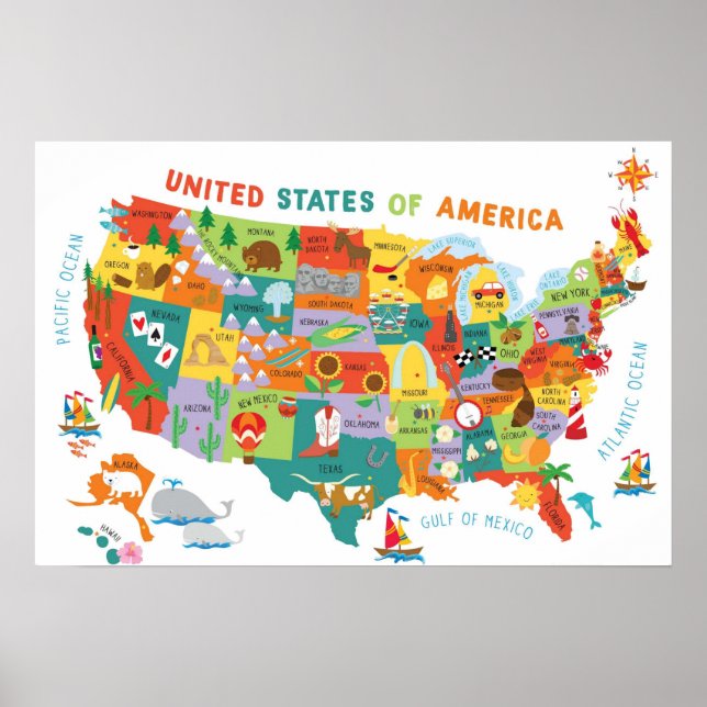 Kids US Karta Whimsical Tecknad Art United Stater Poster (Framsidan)