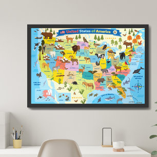Kids US Karta Whimsical Tecknad Art United Stater Poster