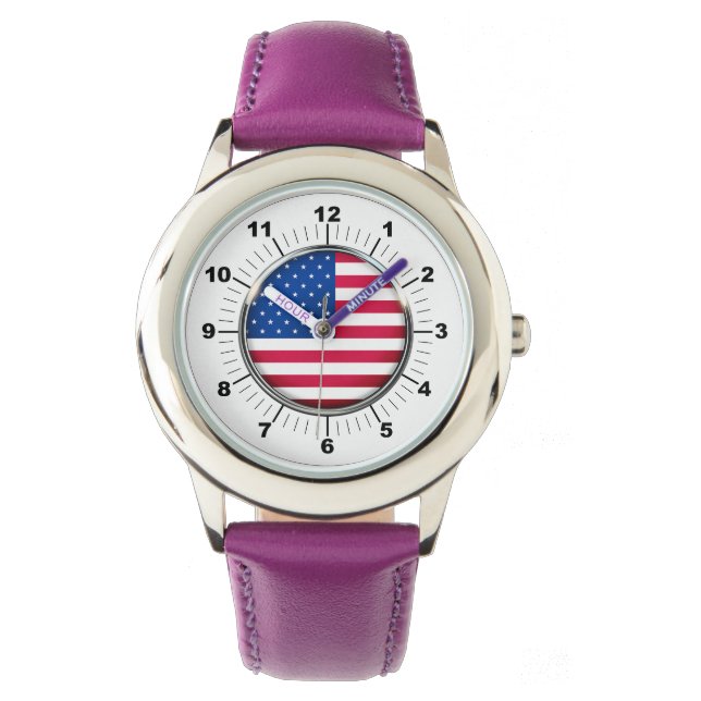 Kid's USA Flag Rostfritt Stål Lila Läder  Armbandsur (Framsida)