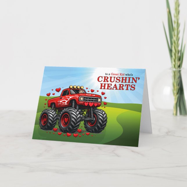 Kid's Valentine Monster Truck Crushin' Hearts Helgkort (Framsida)