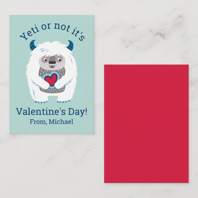 Kids Valentine Yeti Anteckningskort (Fram/baksida)