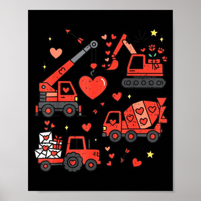 Kids Valentines Day Construction Trucks Funny Boys Poster (Framsidan)