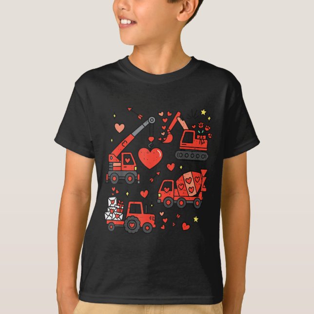 Kids Valentines Day Construction Trucks Funny Boys T Shirt (Framsida)