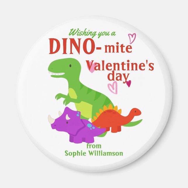 Kids Valentines day Dino-mite Dinosaur Magnet (Framsidan)