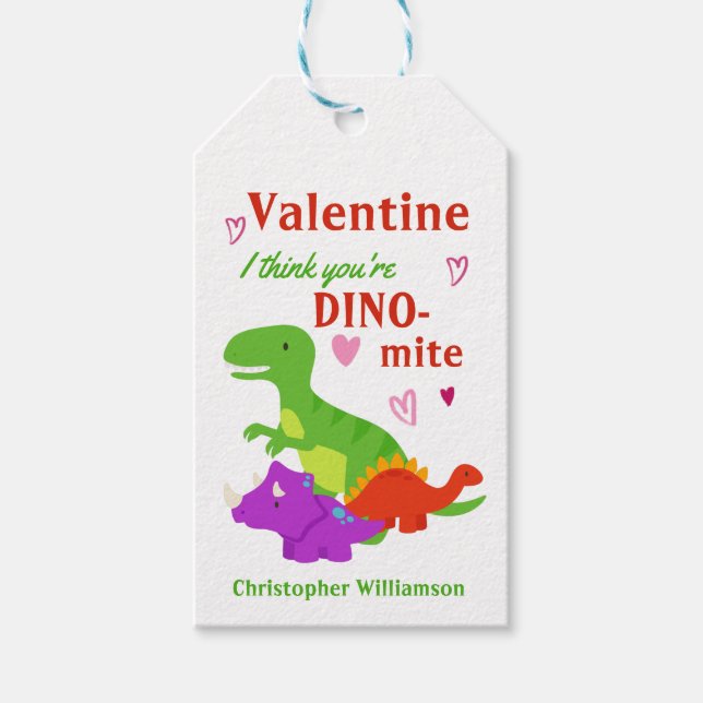 Kids Valentines day Dino-mite Dinosaur Presentetikett (Framsidan)