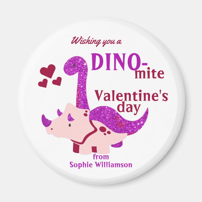 Kids Valentines day Dino-mite Girly Dinosaur Magnet (Framsidan)