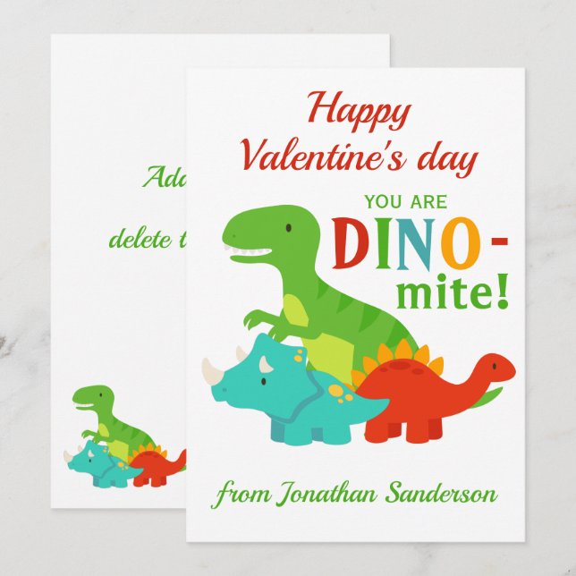 Kids Valentines day Dinosaur Dino-mite Roligt Flat Julkort (Fram/baksida)