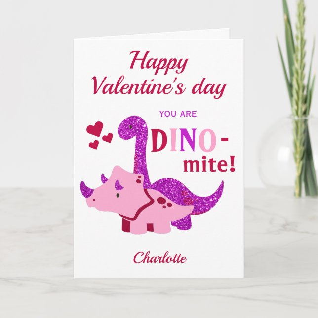 Kids Valentines day Girly Dinosaur Dino-mite Helgkort (Framsida)