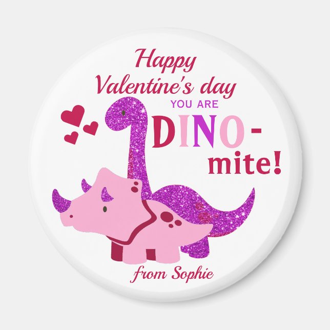 Kids Valentines day Girly Dinosaur Dino-mite Magnet (Framsidan)