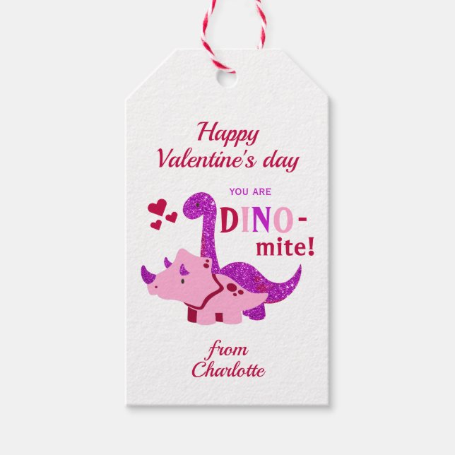 Kids Valentines day Girly Dinosaur Dino-mite Presentetikett (Framsidan)