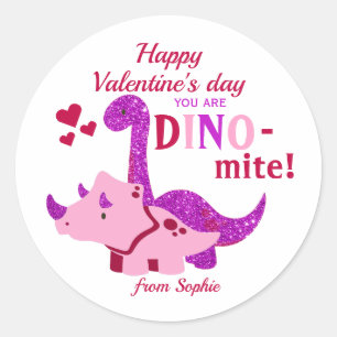 Kids Valentines day Girly Dinosaur Dino-mite Runt Klistermärke