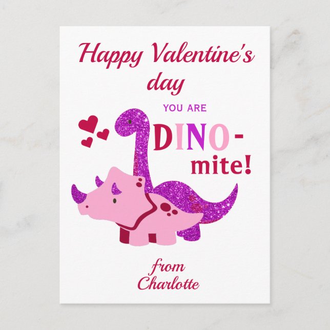 Kids Valentines day Girly Dinosaur Dino-mite Vykort (Framsida)