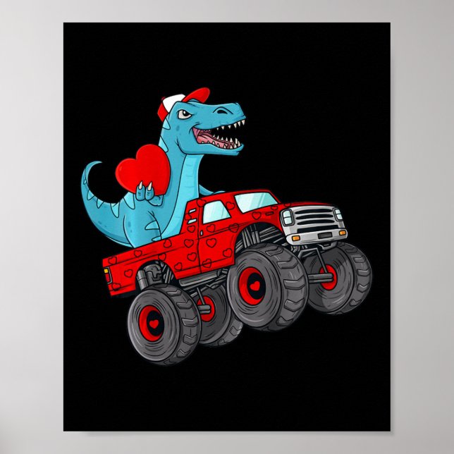 Kids Valentines day T Rex Riding Monster Lastbil R Poster (Framsidan)