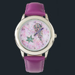 *~* Kids Watercolor Beach Star Fish Gelly Fish Sea Armbandsur<br><div class="desc">Stränsymboler för stjärna Fiskgeléer vid Lila Glitter vid Glitter, blått Glitter på en rosa i magenta och vit fullt av gnistor och Guld vattenfärgsbakgrund. Den bakgrunden är fullt av söt magi, liksom de utdragna sjöjungfruarna. Titta på ett läderband med lila och en har svart klocka händer för att du alltid...</div>