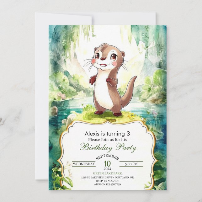 Kids Watercolor Otter Birthday Inbjudningar (Framsida)