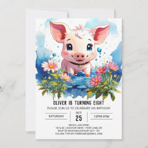 Kids Watercolor Piglet Barnyard Äventyr Birthday Inbjudningar