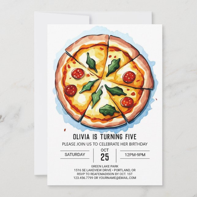 Kids Watercolor Pizza Birthday Inbjudningar (Framsida)