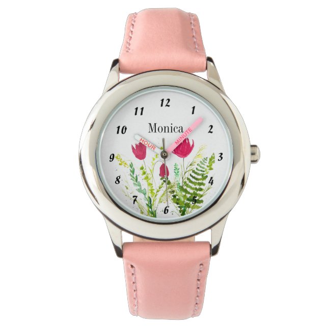 Kids Wildblommor Botaniska blommor Namn Rosa Armbandsur (Framsida)
