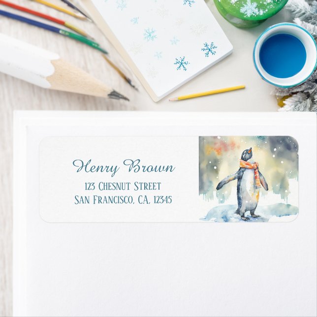 Kids Winter Watercolor Penguin Returadress Etikett (Skapare uppladdad)