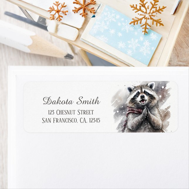 Kids Winter Watercolor Raccoon Returadress Returadress Etikett (Skapare uppladdad)