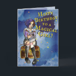 Kids Witch Tonåring Tecknad Watercolor Birthday Kort<br><div class="desc">Det här födelsedagskortet har en magisk tonårsvy. En ung kvinna, i anime art stil, med lila hår och skoluniform. Hon sitter på en strunk eller skattkista. Hon läser en trollformel bok och håller ett trollspö. Bakgrunden är en grumlig, stjärnmörk himlar, i vattenfärgen stil. Du kan anpassa den person som kortet...</div>