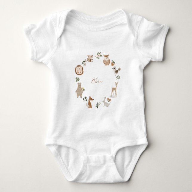 Kids Woodland Animals Personlig Namn Watercolor T Shirt (Framsida)