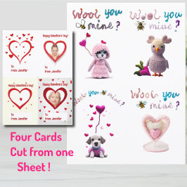Kids Wooly Hearts 4xValentine Day Card Julkort