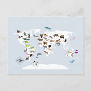 Kids World Map Animals Helg Vykort