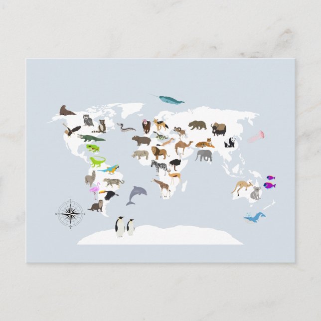 Kids World Map Animals Helg Vykort (Framsida)