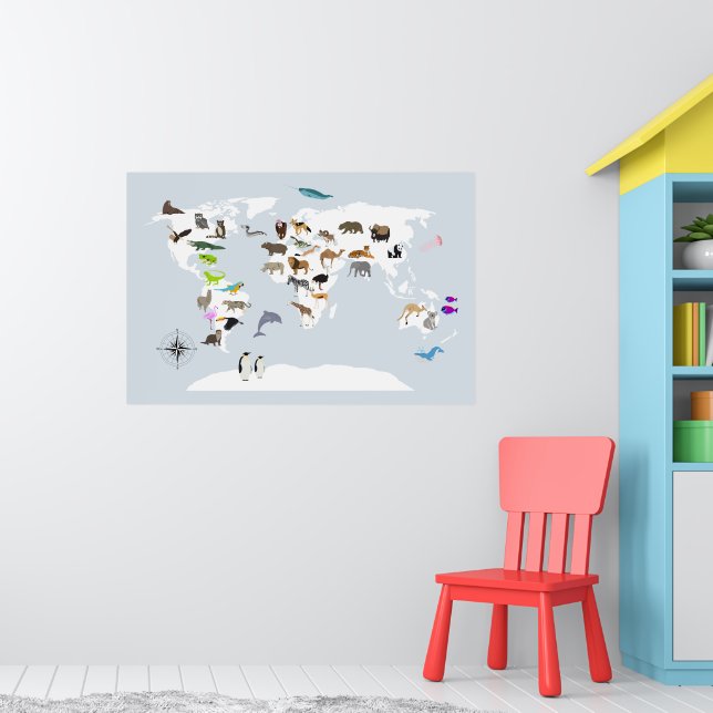 Kids World Map Animals Poster (Barnkammare 1)