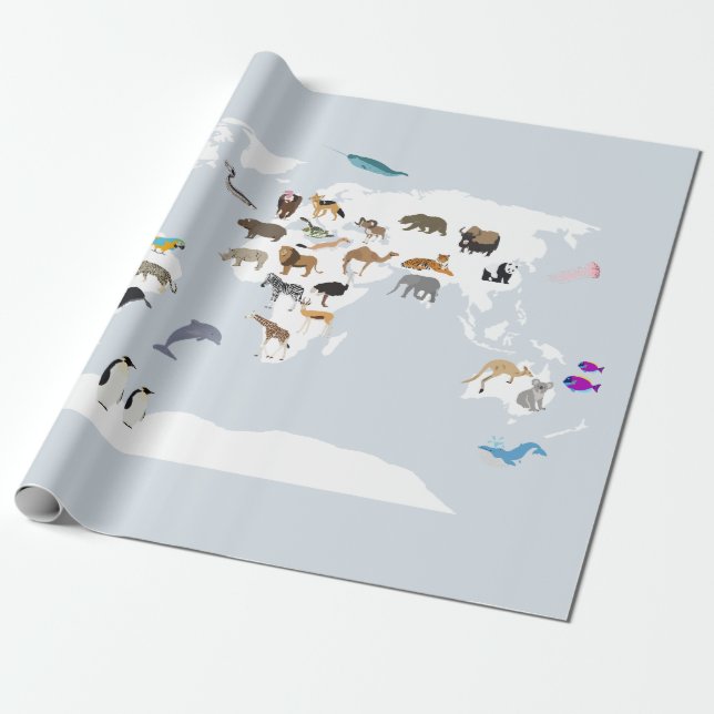 Kids World Map Animals Presentpapper (Utrullad)