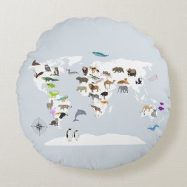 Kids World Map Animals Rund Kudde