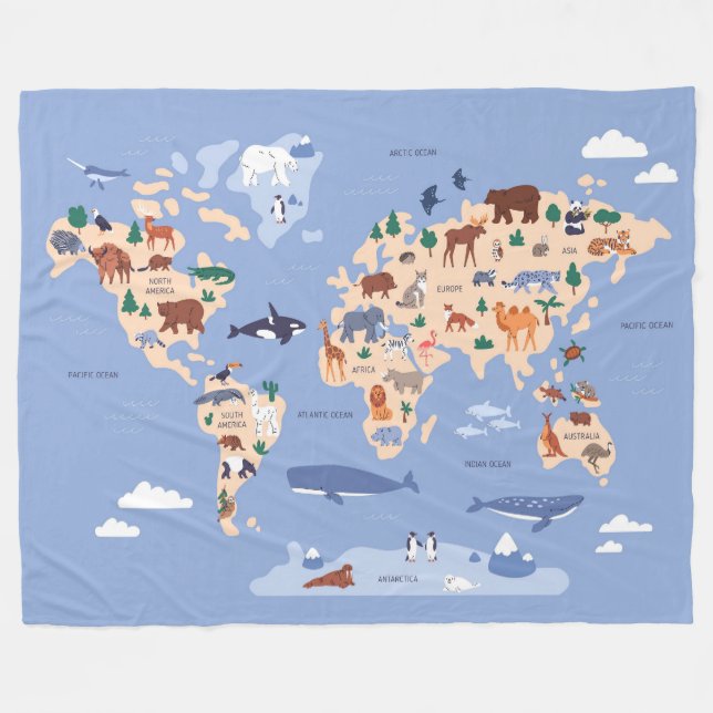 Kids World map Cute Whimsical Modern Fleecefilt (Framsidan (Horisontell))
