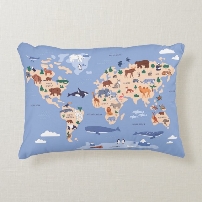 Kids World map Cute Whimsical Modern Prydnadskudde (Framsidan)