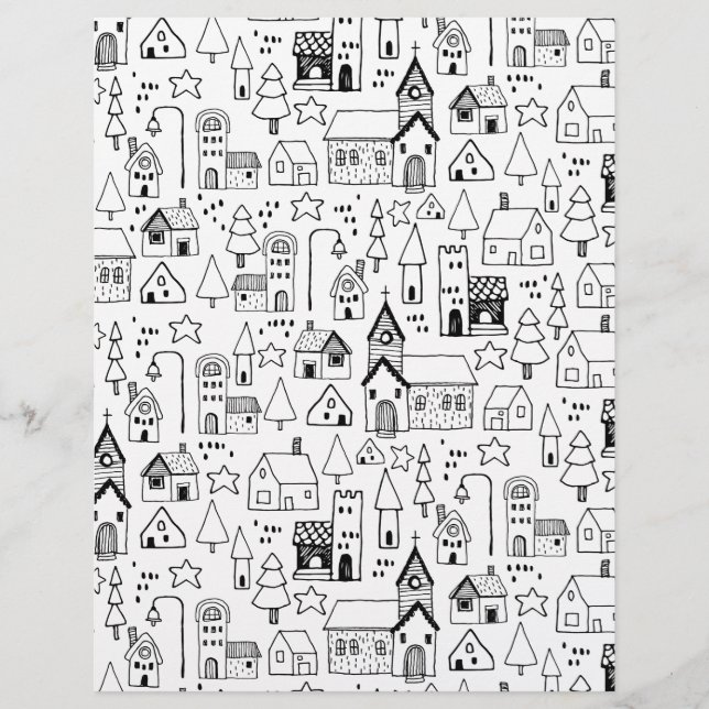Kids Xmas Village Whimsical Black & White Invite Reklamblad (Framsidan)