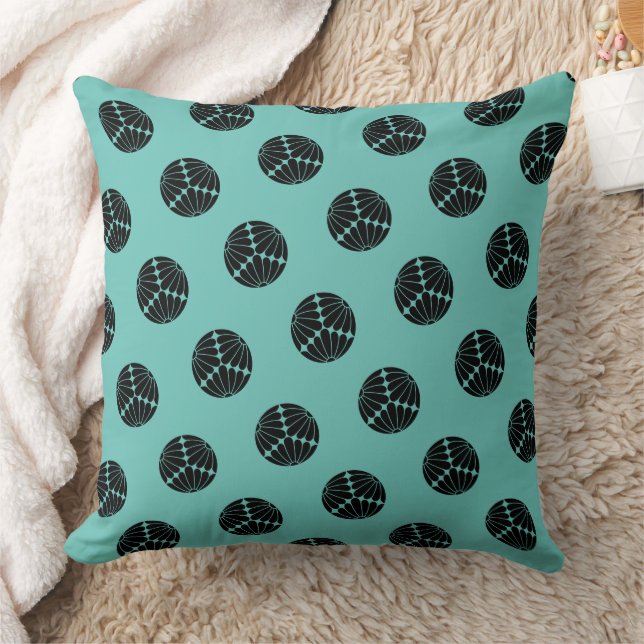 Kiku Chrysanthemum Mon Black Teal Oriental Art Kudde (Filt)