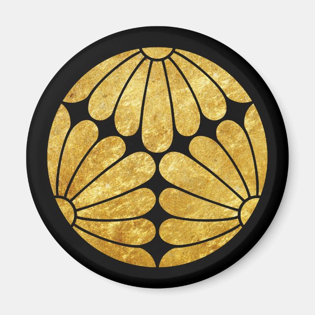 Kiku Chrysanthemum Mon faux guld på svart Magnet (Framsidan)