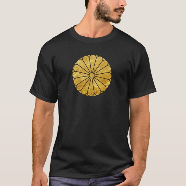 Kiku Chrysanthemum Mon faux guld på svart Tee Shirt (Framsida)