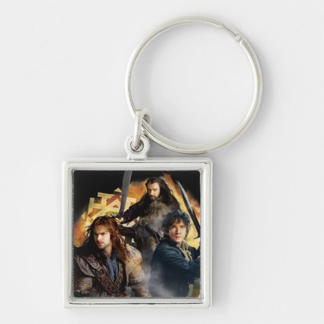 Kili, BILBO BAGGINS™ och THORIN OAKENSHIELD™ Art Fyrkantig Silverfärgad Nyckelring (Framsidan)