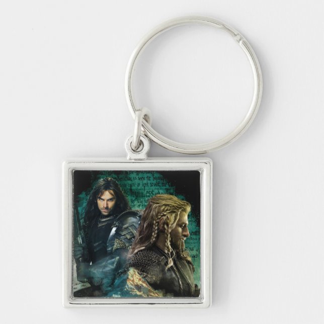 Kili & Fili over Erebor Fyrkantig Silverfärgad Nyckelring (Framsidan)