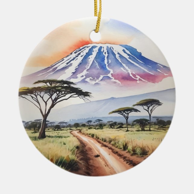 Kilimanjaro Tanzania Watercolor Julgransprydnad Keramik (Framsidan)