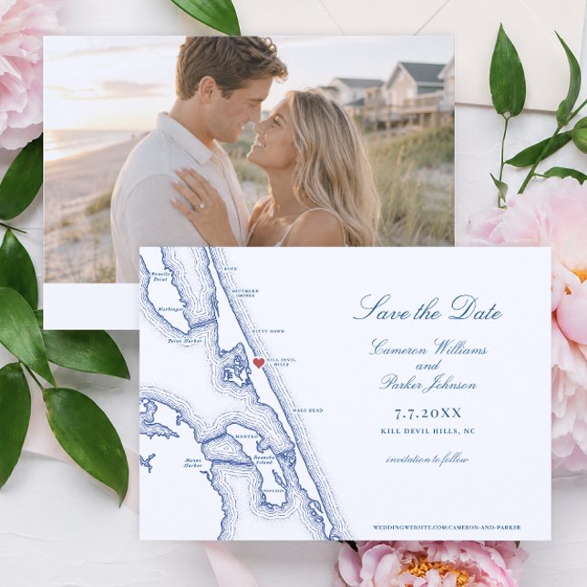 Kill Devil Hills NC Karta Navy Outer Banks Bröllop Spara Datumet (Sea Ranch Resort Wedding Save the Date Kill Devil Hills NC Outer Banks Map Coastal Map Designs)