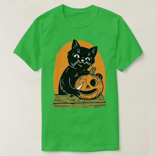 Killer Halloween Scary Black Cat With Knife Pumpki T Shirt (Design framsida)