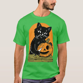 Killer Halloween Scary Black Cat With Knife Pumpki T Shirt