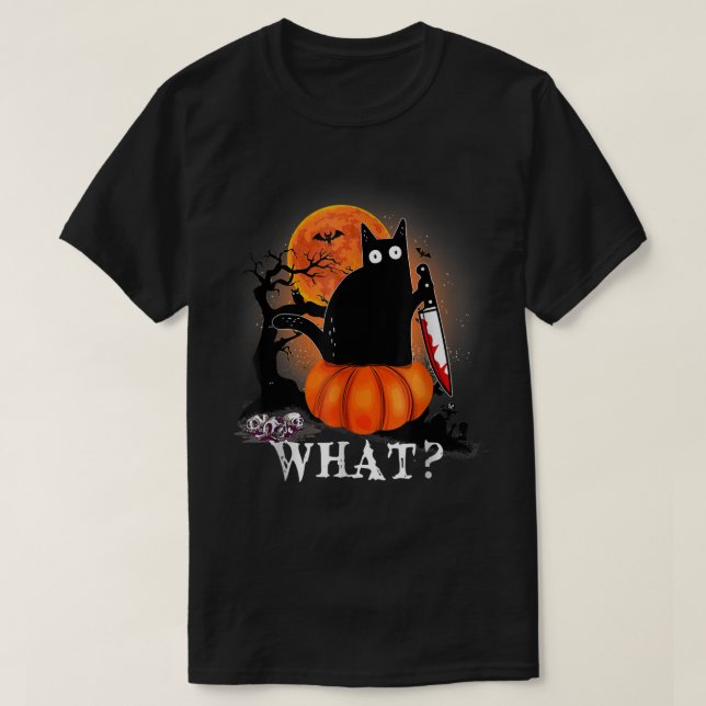 Killer Halloween Scary Måne Black Cat Knivar P T Shirt (Design framsida)