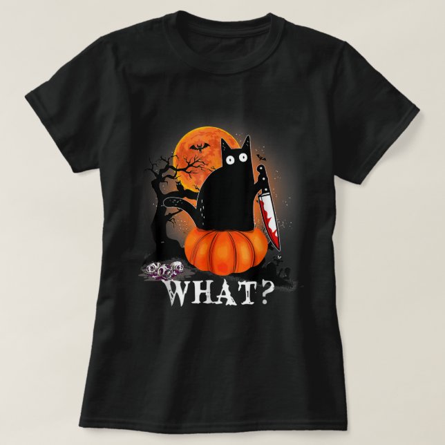 Killer Halloween Scary Moon Black Cat With Knife P T Shirt (Design framsida)