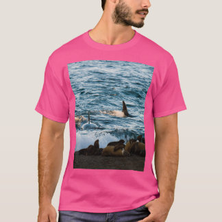 Killer whale hunting seals on the beach t shirt
