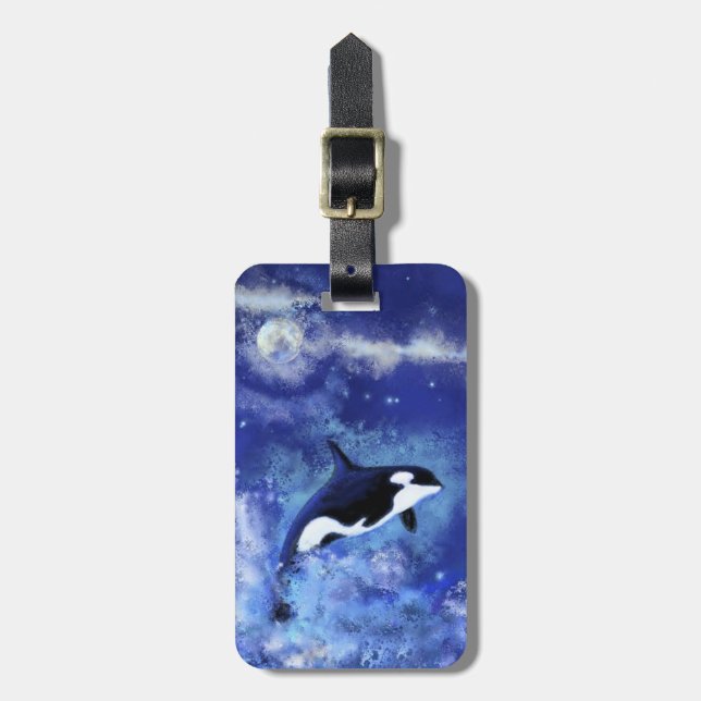 Killer Whale Luggage Tag Blue Full Moon Bagagebricka (Vertikal Framsida)